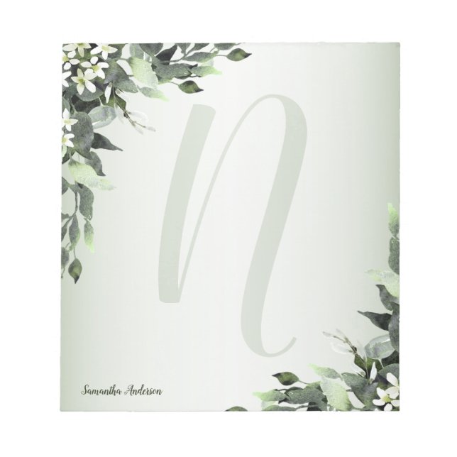 Monogram Greenery Floral Eukalyptus Blätter Notizblock (Vorderseite)