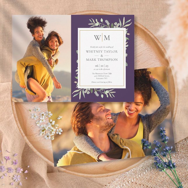 Monogram Greenery Lila Foto Wedding Einladung (Von Creator hochgeladen)