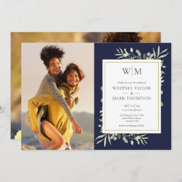 Monogram Greenery Navy Blue Foto Wedding Einladung