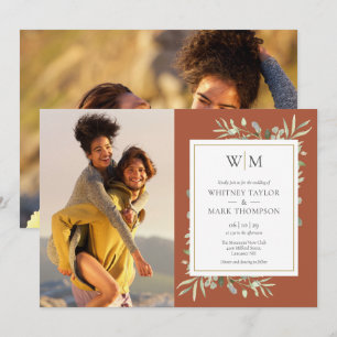 Monogram Greenery Terracotta Foto Wedding Einladung