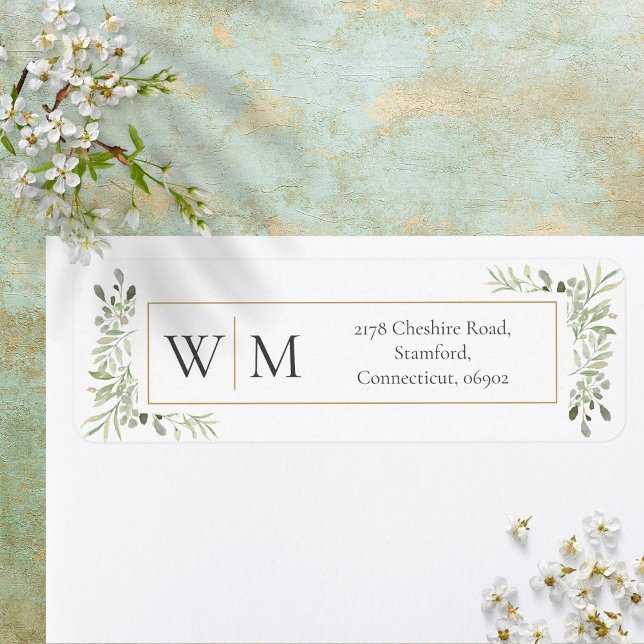 Monogram Greenery Watercolor Foliage-Adresse (Monogram Greenery Watercolor Foliage Address Label)