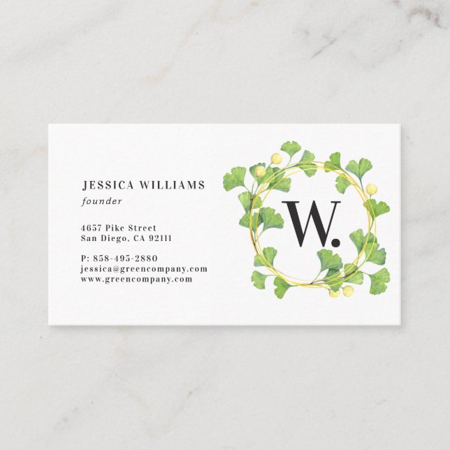 Monogram Greenery Wreath Business Card Visitenkarte (Vorderseite)