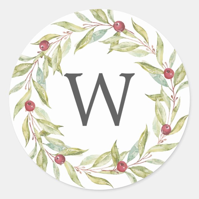 Monogram Greenery Wreath Red Berries Weihnachten Runder Aufkleber (Vorderseite)