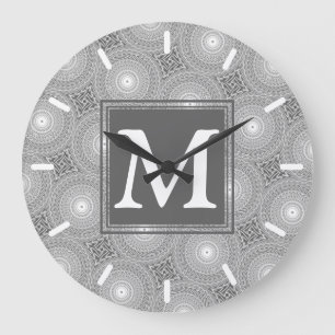 Monogram grey circles pattern große wanduhr