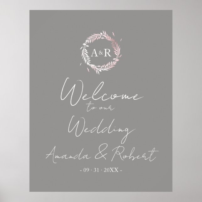 Monogram Grey Wedding Welcome Sign Board Poster (Vorne)