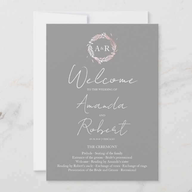 Monogram Grey Wedding Zeremony Program Einladung (Vorderseite)