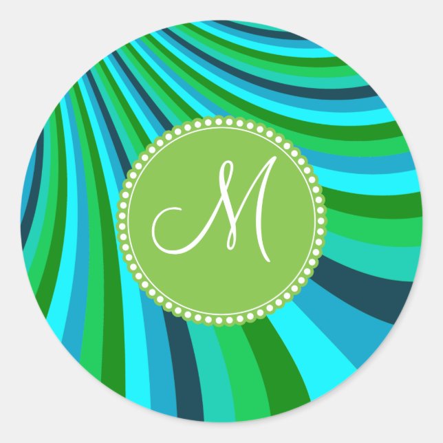 Monogram Groovy Blue Green Rainbow Slide Streifen Runder Aufkleber (Vorderseite)