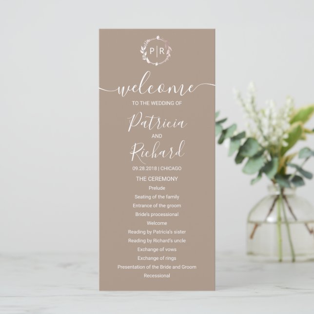 Monogram Grullo Wedding Program Programm (Stehend Vorderseite)