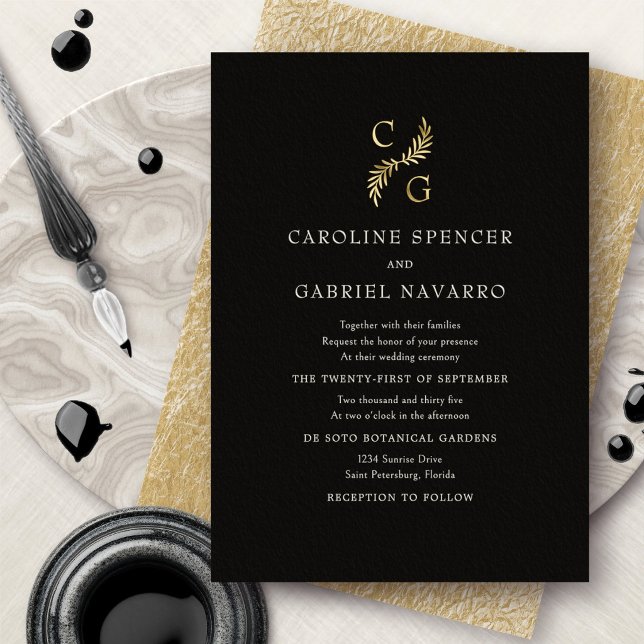 Monogram Grüne Lorbeer Hochzeit Folieneinladung (Von Creator hochgeladen)