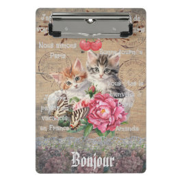 Monogram Grunge wood floral and cats French Mini Klemmbrett