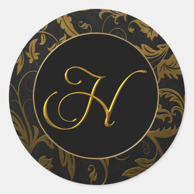 Monogram H Gold and Black Damask Wedding Siegel Runder Aufkleber (Vorderseite)