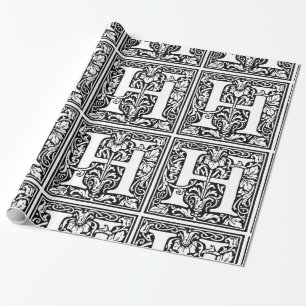 Monogram H Initial Black and White Floral Pattern Geschenkpapier