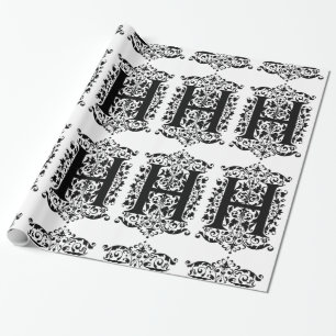 Monogram H Initial Black and White Floral Pattern Geschenkpapier