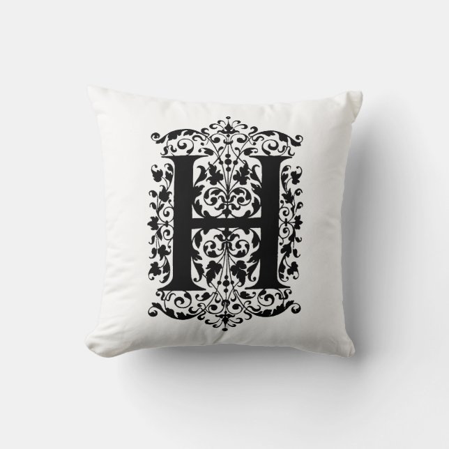 Monogram H Initial Black and White Floral Pattern Kissen (Vorderseite)