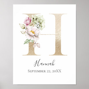 Monogram H Pink White Floral Gold Letter Kinderzim Poster