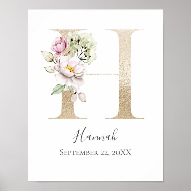 Monogram H Pink White Floral Gold Letter Kinderzim Poster (Vorne)