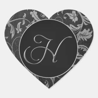 Monogram H Silver and Black Damask Wedding Siegel Herz-Aufkleber