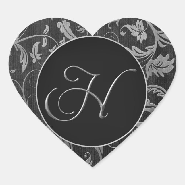 Monogram H Silver and Black Damask Wedding Siegel Herz-Aufkleber (Vorderseite)