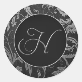 Monogram H Silver and Black Damask Wedding Siegel Runder Aufkleber