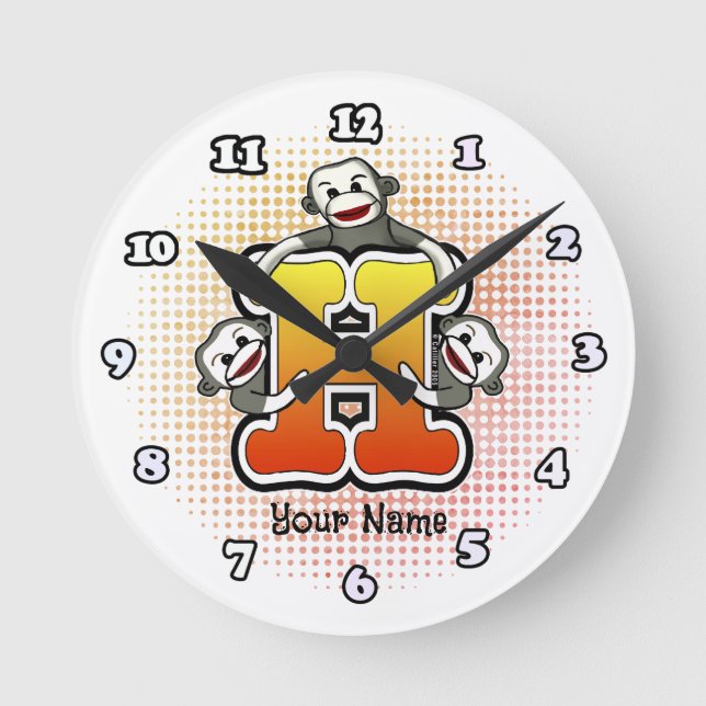 Monogram H Sock Monkey-Uhr Runde Wanduhr (Vorderseite)