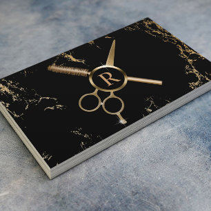 Monogram, Haarstylistin Luxury Black & Gold Marmor Visitenkarte