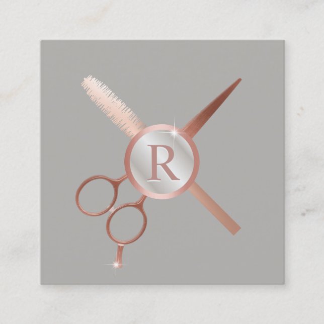 Monogram, Haarstylistin Moderne Rose Gold Grau Sal Quadratische Visitenkarte (Vorderseite)