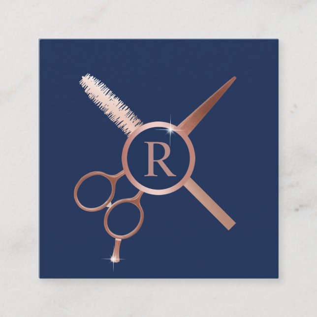 Monogram, Hair Stylist Moderne Rose Gold Navy Blue Quadratische Visitenkarte (Vorderseite)