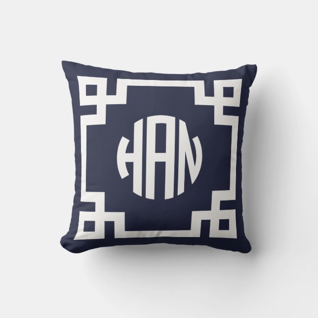 Monogram HAN (Navy Blue and White Greece Key Circl Kissen (Vorderseite)