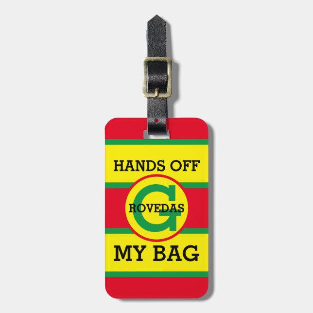 Monogram-Hands von meinem Taschentext auf rot-gelb Gepäckanhänger (Vorderseite vertikal)