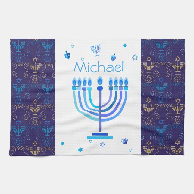Monogram Hanukkah Festival Menorah Lights Geschirrtuch (Horizontal)