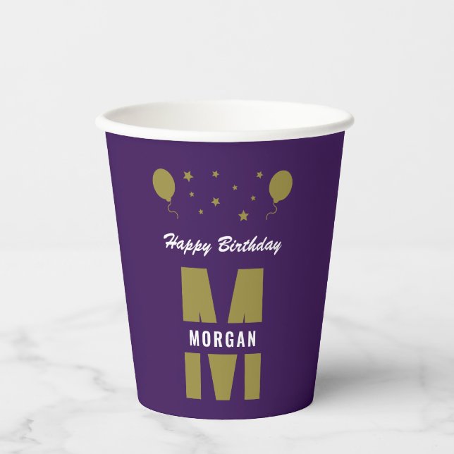 Monogram Happy Birthday any Age Lila White Gold Pappbecher (Vorderseite)