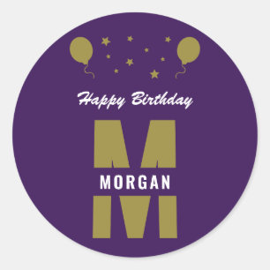 Monogram Happy Birthday any Age Lila White Gold Runder Aufkleber