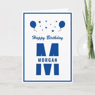 Monogram Happy Birthday any Age White Blue Stars Karte