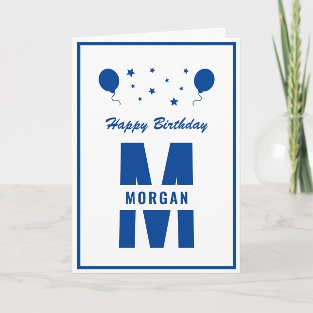 Monogram Happy Birthday any Age White Blue Stars Karte (Vorderseite)