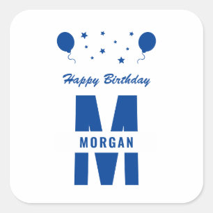 Monogram Happy Birthday any Age White Blue Stars Quadratischer Aufkleber