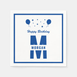 Monogram Happy Birthday any Age White Blue Stars Serviette