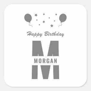 Monogram Happy Birthday any Age White Grey Stars Quadratischer Aufkleber