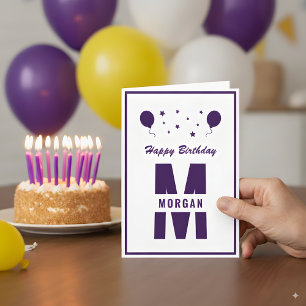 Monogram Happy Birthday any Age White Lila Stars Karte