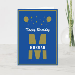 Monogram Happy Birthday jedes Alter Blue White Gol Karte
