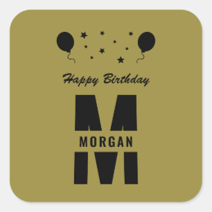 Monogram Happy Birthday jedes Alter Gold Black Sta Quadratischer Aufkleber
