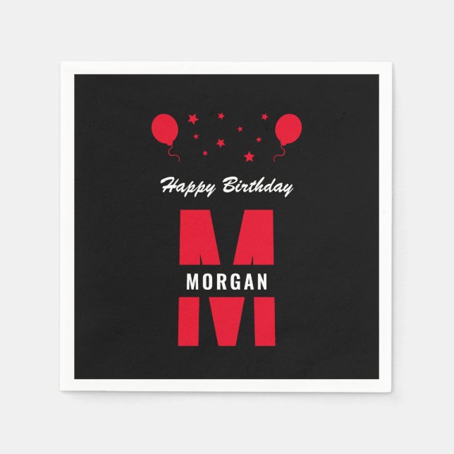Monogram Happy Birthday Jegliches Alter Schwarz-we Serviette (Vorderseite)