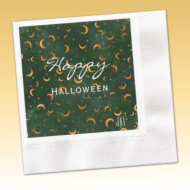 Monogram, Happy Halloween Moons & Stars Cocktail Serviette (Von Creator hochgeladen)