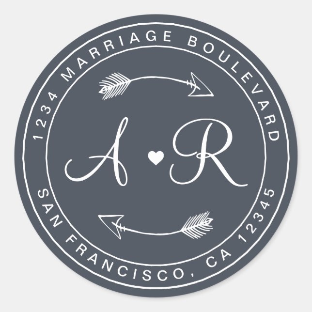Monogram Heart Arrow Blue Wedding Rücksendeadresse Runder Aufkleber (Vorderseite)