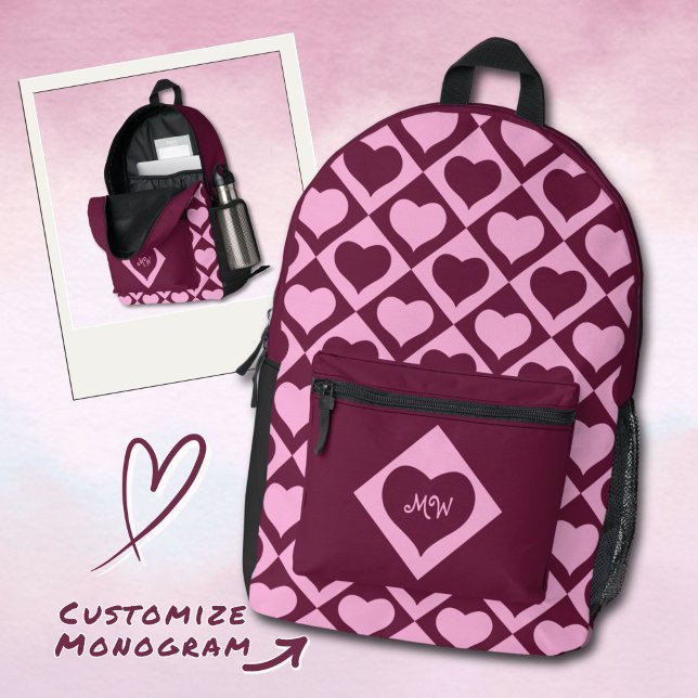 Monogram Heart Checkerboard Pattern Bordeaux Pink  Bedruckter Rucksack (Von Creator hochgeladen)