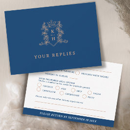 Monogram heart crest hand drawn white blue wedding RSVP karte