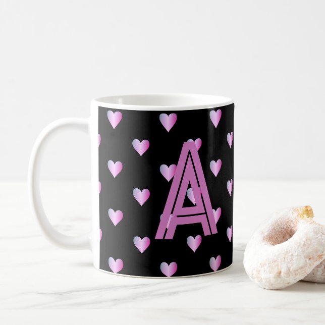 Monogram Hearts Black Lila Kaffeetasse (Mit Donut)