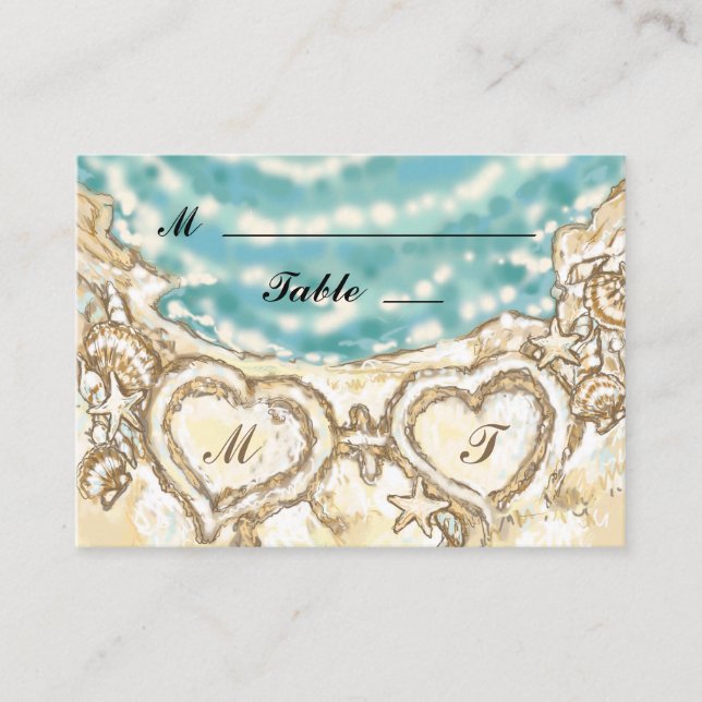 Monogram Hearts on the Beach Platzkarte (Vorderseite)