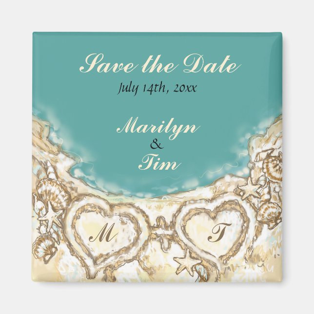 Monogram Hearts on the Beach Save the Date Magnet (Vorne)