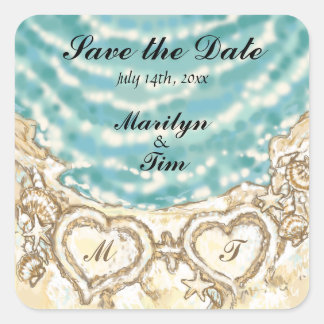 Monogram Hearts on the Beach Save the Date Quadratischer Aufkleber