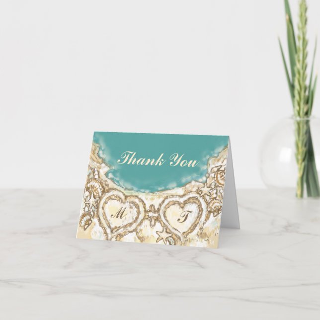 Monogram Hearts on the Beach Wedding Danke (Vorderseite)
